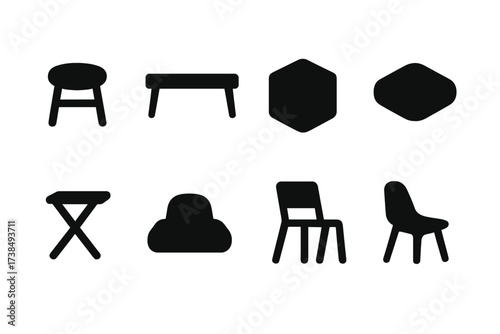 Minimalist Seating Icons. Solid, filled icon set of minimalist seating: low stool, backless bench, cube seat, floor cushion, folding stool, meditation seat,