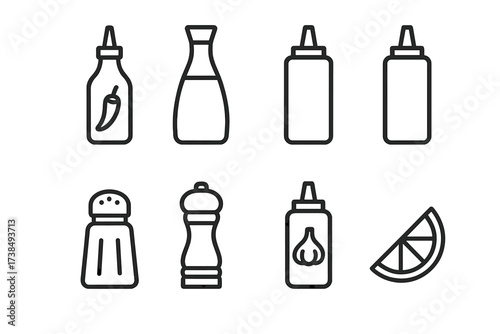Street Food Condiments. Outline icon set of street food spices and condiments: chili sauce, soy sauce, mustard, ketchup, salt shaker, pepper grinder, garlic
