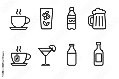 Finnish Beverages & Polish Sports. Outline icon set of Finnish beverages: coffee cup, berry juice, mineral water bottle, beer mug, herbal tea, cocktail glass,