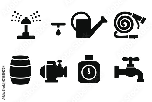 Garden Watering Icons. Solid, filled icon set of garden watering systems: sprinkler, drip irrigation, watering can, hose nozzle, rain barrel, water pump,