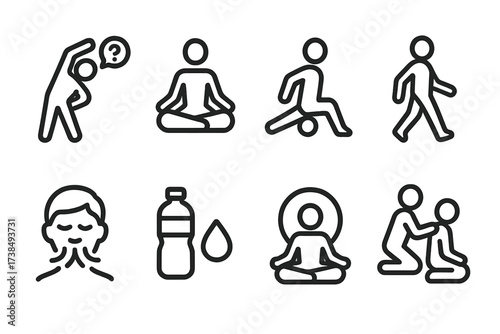 Cool Down Icon Set. Solid, filled icon set of cool down routines: guided stretch, yoga flow, foam rolling, light walking, breathing pause, hydration break,