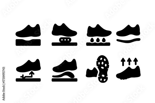 Sneaker Technology Icons. Solid, filled icon set of sneaker technology: cushioning, air bubble, gel pad, carbon plate, shock absorption, arch