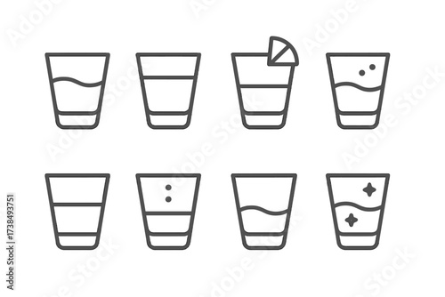 Shot Glass Icon Set. Outline icon set of shot glass liquids: whiskey, vodka, tequila, rum, gin, liqueur, brandy, schnapps. [Line icons in only black color,