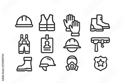 Uniform Icon Set. Outline icon set of work uniform: hard hat, safety vest, gloves, boots, overalls, ID card, helmet, tool belt. Line icons in only black color,