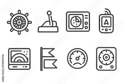 Boat Navigation Icons. Outline icon set of boat navigation and control: steering wheel, throttle lever, radar screen, GPS device, sonar display, signal flags,