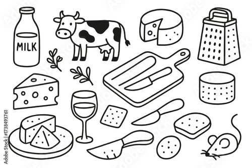 Cheese and Dairy Doodles. Hand-drawn doodle illustration Cheese and dairy essentials milk bottle, cow, cheese wheel, cheese wedge, cheese grater, cutting