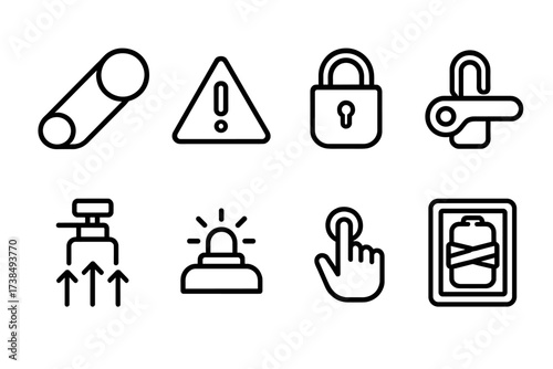 Depth Charge Safety Icons. Outline icon set of depth charge safety features: safety pin, warning label, lock mechanism, disarm tool, pressure release valve,