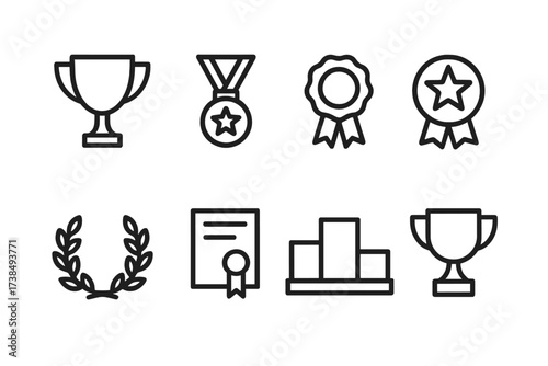 Award Icon Set. Outline icon set of award trophies: trophy cup, medal, ribbon, star badge, laurel wreath, certificate, podium, trophy with handles. Line icons