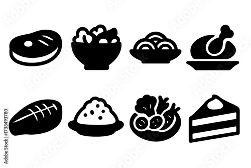 Dinner Food Icons. Solid, filled icon set of dinner food items: steak, salad bowl, pasta plate, roasted chicken, fish fillet, mashed potatoes, vegetable