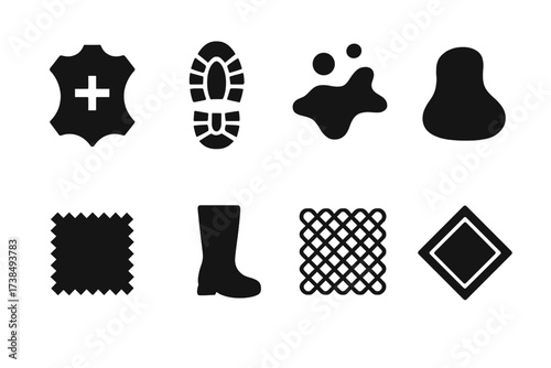 Boot Materials Icons. Solid, filled icon set of boot materials: leather, rubber, synthetic, suede, canvas, neoprene, mesh, Gore-Tex. Solid, filled icons in
