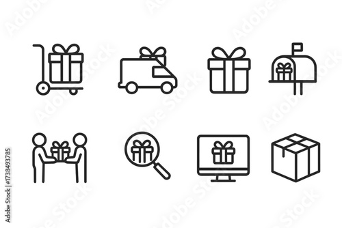 Gift Delivery Icons. Outline icon set of gift delivery: gift box on cart, delivery van with gift, parcel with bow, mailbox with gift, courier handing gift,