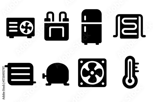 Cooling Systems Icons. Solid, filled icon set of cooling systems: HVAC unit, liquid cooling, refrigeration unit, evaporator, condenser, compressor, cooling