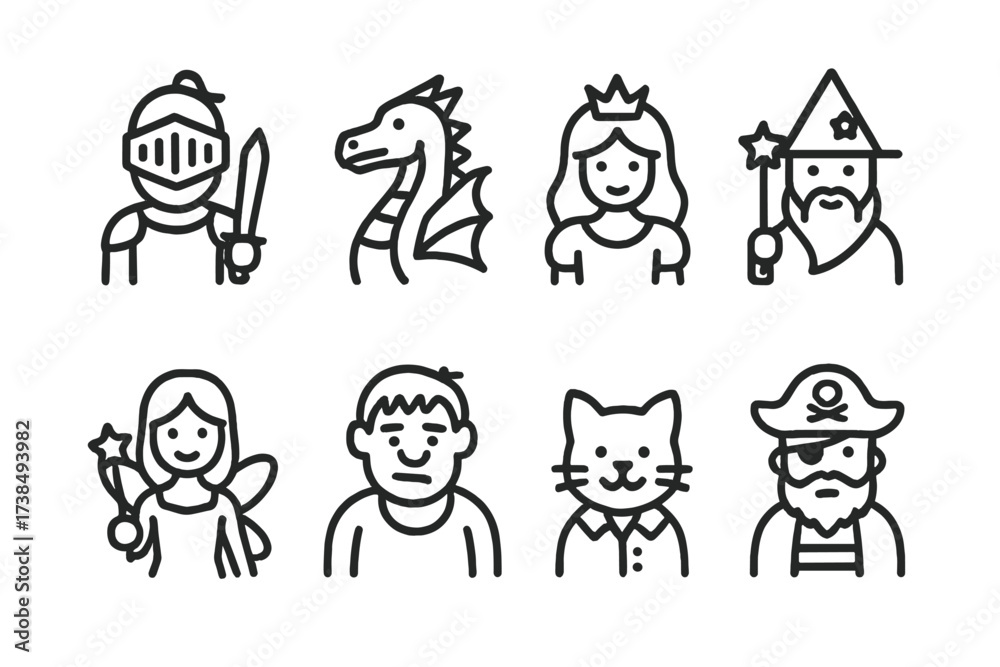 Fototapeta premium Storybook Character Icons. Outline icon set of storybook characters: knight, dragon, princess, wizard, fairy, giant, talking animal, pirate. Line icons in only