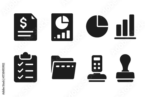 Financial Icons Grid. Solid, filled icon set of net worth report: financial statement, balance sheet, pie chart, bar graph, calculator, checklist, document