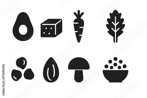 Vegan Food Icons. Solid, filled icon set of vegan food: avocado, tofu block, carrot, kale leaf, chickpeas, almond, mushroom, quinoa bowl. [Line icons in only