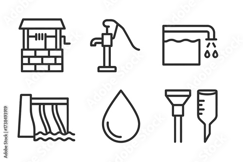 Water Extraction Icons. Outline icon set of water extraction: well, water pump, reservoir, irrigation pipe, dam, water droplet, filter, rain gauge. Line icons
