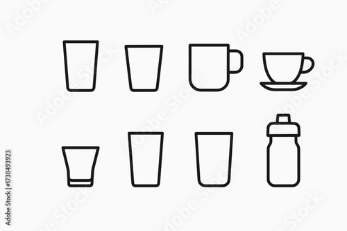 Drinkware Icon Set. Outline icon set of drinkware types: juice glass, milk glass, coffee mug, tea cup, shot glass, soda glass, water tumbler, sports bottle.