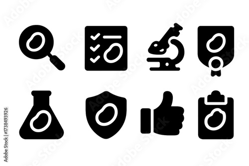 Quality Control Icons. Solid, filled icon set of bulk beans quality control: magnifying glass, checklist, microscope, certificate, lab flask, shield, thumbs