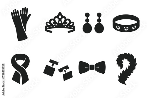 Elegant Accessories Icons. Solid, filled icon set of elegant accessories: silk gloves, tiara, pearl earrings, diamond bracelet, silk scarf, cufflinks, silk