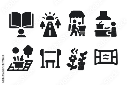 Open Lifestyle Icons. Solid, filled icon set of open lifestyle: open book reading, open road travel, open air picnic, open gym, open market shopping, open