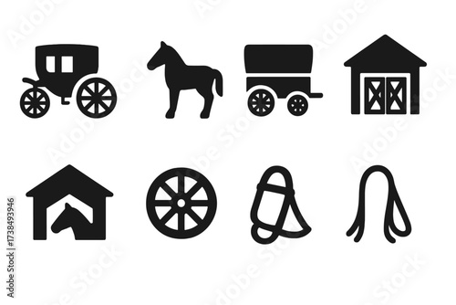 Manor Transport Icons. Solid, filled icon set of manor transport: carriage, horse, wagon, carriage house, stable, carriage wheel, harness, reins. Solid, filled