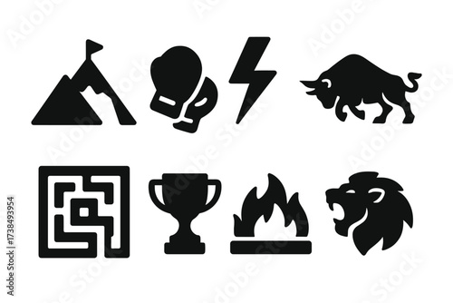 Boldness Challenge Icons. Solid, filled icon set of boldness challenges: mountain climb, boxing gloves, lightning strike, bull charging, maze exit, trophy,