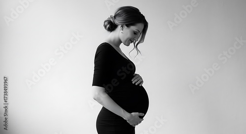 Beautiful pregnant woman in a black dress, elegantly holding her belly in a black and white studio portrait