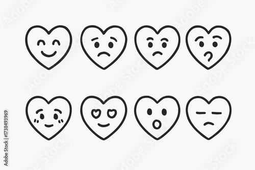 Heart Emotions Icons. Outline icon set of heart emotions: happy heart, sad heart, angry heart, confused heart, shy heart, loving heart, surprised heart, tired
