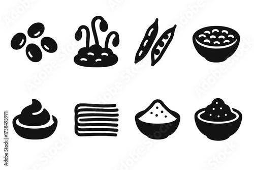 Mung Beans Icon Set. Solid, filled icon set of mung beans: raw mung beans, mung bean sprouts, mung bean pods, cooked mung beans, mung bean paste, mung bean