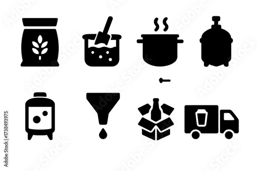 Brewing Process Icons. Solid, filled icon set of pint brewing stages: malting, mashing, boiling, fermenting, conditioning, filtering, packaging, distributing.