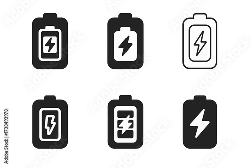 Creative Charger Logos. Portable chargers. Set Logo of modern tech: battery indicator icon on charger. harmonious logo variations of the same emblematic