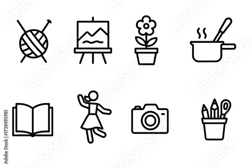 Stepmother's Hobby Icons. Outline icon set of stepmother?s hobbies: knitting, painting, gardening, cooking, reading, dancing, photography, crafting. Line icons