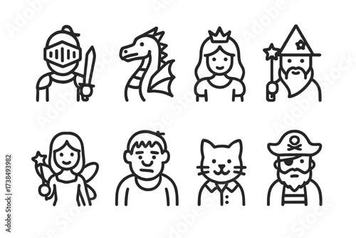 Storybook Character Icons. Outline icon set of storybook characters: knight, dragon, princess, wizard, fairy, giant, talking animal, pirate. Line icons in only
