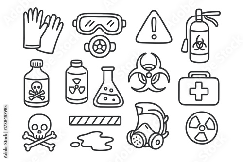 Hazard Safety Doodle. Hand-drawn doodle illustration Handling hazardous materials safely protective gloves, safety goggles, gas mask, warning sign, chemical