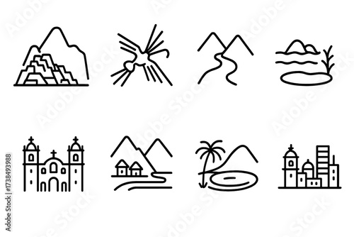 Peruvian Landmark Icons. Outline icon set of Peruvian landmarks: Machu Picchu, Nazca lines, Colca Canyon, Lake Titicaca, Cusco cathedral, Sacred Valley,