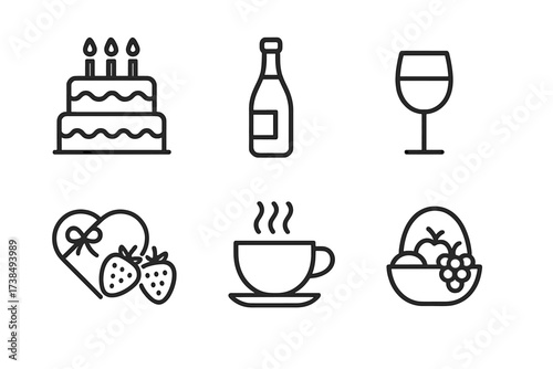 Anniversary Food Icons. Outline icon set of anniversary food and drinks: cake, champagne bottle, wine glass, chocolate box, strawberries, coffee cup, candle,
