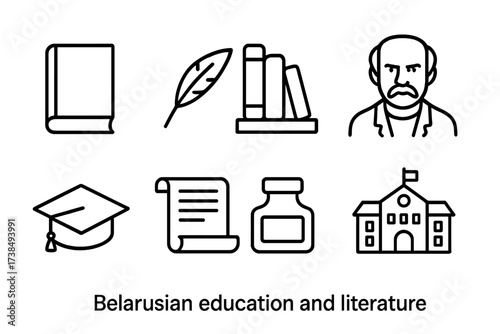 Baltic Icons Collection. Outline icon set of Belarusian education and literature: book, quill pen, library, Belarusian poet, graduation cap, open scroll, ink