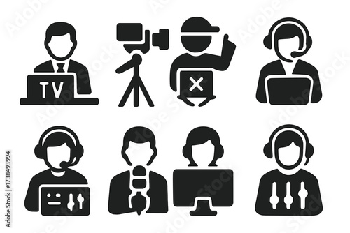 TV Personnel Icons. Solid, filled icon set of TV network personnel: anchor, cameraman, director, producer, technician, reporter, editor, sound engineer. Solid,