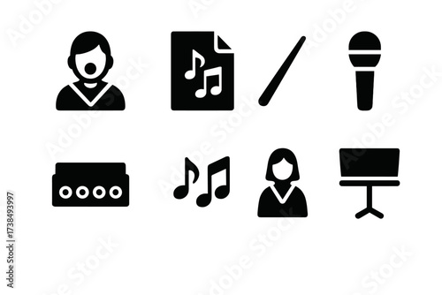 Choir Music Icon Set. Solid, filled icon set of choir and vocal music: choir singer, sheet music, conductor baton, vocal mic, pitch pipe, harmony notes,