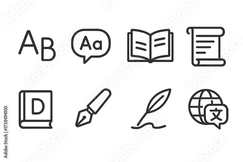 Language and Tradition Icons. Outline icon set of languages and writing: alphabet letters, speech bubble, book, scroll, dictionary, pen, calligraphy,