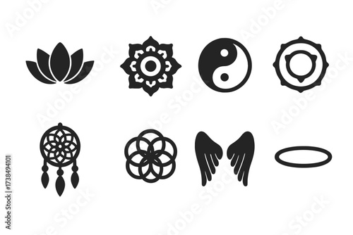Spiritual Symbol Icons. Solid, filled icon set of spiritual symbols: lotus flower, mandala, yin yang, chakra, dreamcatcher, sacred geometry, angel wings, halo.