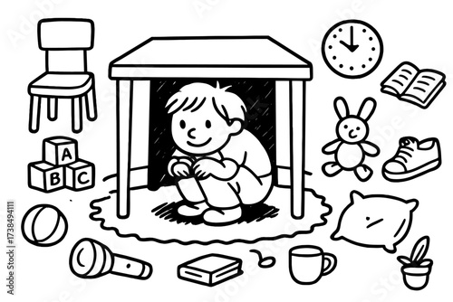 Playful Child Under Table. Hand-drawn doodle illustration Playful hiding under table child crouching, table legs, chair, toy blocks, ball, flashlight, shadow,