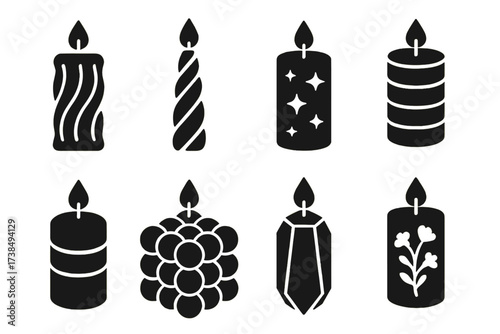 Decorative Candle Icons. Solid, filled icon set of decorative candle styles: carved candle, twisted taper, glitter candle, layered wax, colored wax, bubble