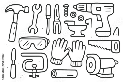 Tool Doodle Icons. Hand-drawn doodle illustration metal tools hammer, wrench, screwdriver, pliers, drill, saw, anvil, safety goggles, gloves, bolts, nuts,