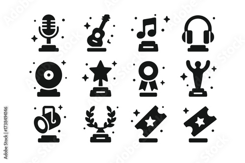 Music Awards Icons. Music awards. Solid icons set of music awards: microphone, guitar, music note, headphones, vinyl record, star, trophy, ribbon, award