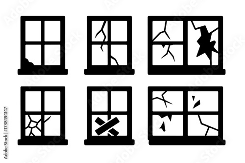 Broken Window Icons. Solid, filled icon set of old broken window: peeling paint, cracked glass, shattered pane, warped frame, missing shards, taped cracks,