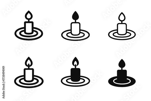 Candle Logo Variations. Candle on table. Set Logo of cozy ambiance: tea-light candle ensemble. harmonious logo variations of the same emblematic concept, each