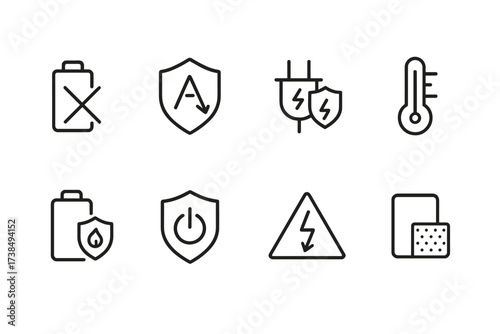 Power Bank Safety Icons. Outline icon set of power bank safety features: short circuit protection, overcurrent protection, surge protection, temperature