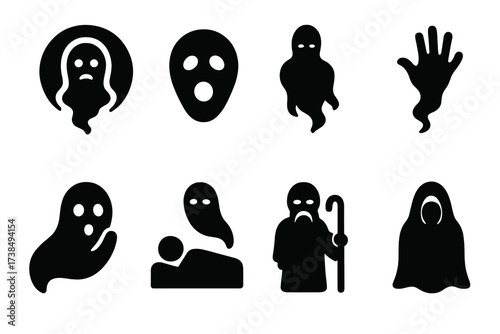 Ancestral Spirit Icons. Solid, filled icon set of ancestral spirits: glowing outline, spirit face, misty figure, hand from beyond, whispering ghost, dream