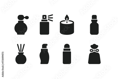 Fragrance Icons Grid. Solid, filled icon set of fragrance products: perfume bottle, cologne spray, scented candle, essential oil vial, diffuser, body mist,